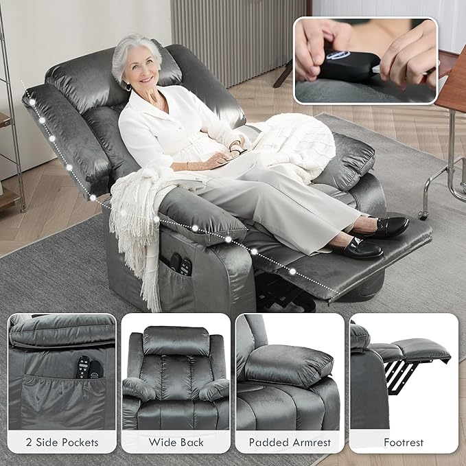 HOMCOM Power Lift Recliner Chair for Elderly with Massage and Heat, Electric Lift Chair with USB Ports, Side Pockets, 35" Wide Back for Living Room, Bedroom, Gray