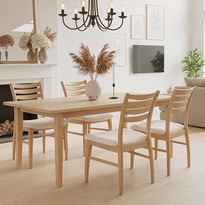HNY Modern Farmhouse Dining Chairs Set of 4, White Sherpa Boucle Upholstered Seat Kitchen Chairs, Rustic Industrial Armless Side Chairs with Natural Wooden Frame for Dining Living Room Restaurant