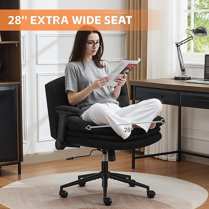 Criss Cross Chair with Flip-up Arms, Wide Criss Legged Chair with 3 Layer Cushion, Ergonomic Office Desk Chair with Wheels, Swivel Vanity Chair for Office, Living Room, Bedroom, Boucle Black