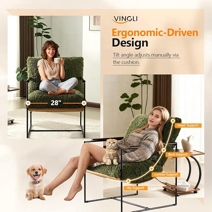 VINGLI 28" Wide Plush Upholstery Sling Modern Accent Chair with Metal Frame, Cute Reading Armchair with Removable Seat Cushion & Tan Microfiber Seat Base, Lazy Chair for Bedroom & Lounge,Olive Green