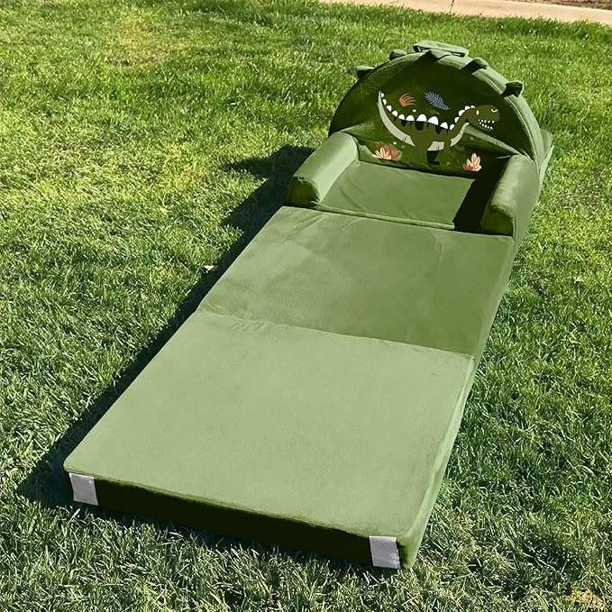ORWIPO Dinosaur Kids Sofa Bed with Removable Washable Cover & Hook and Loop Backrest – Foldable Toddler Chair, Cozy Crystal Velvet Furniture for Playtime, Naps & Travel (Dark Green, Dino Design)