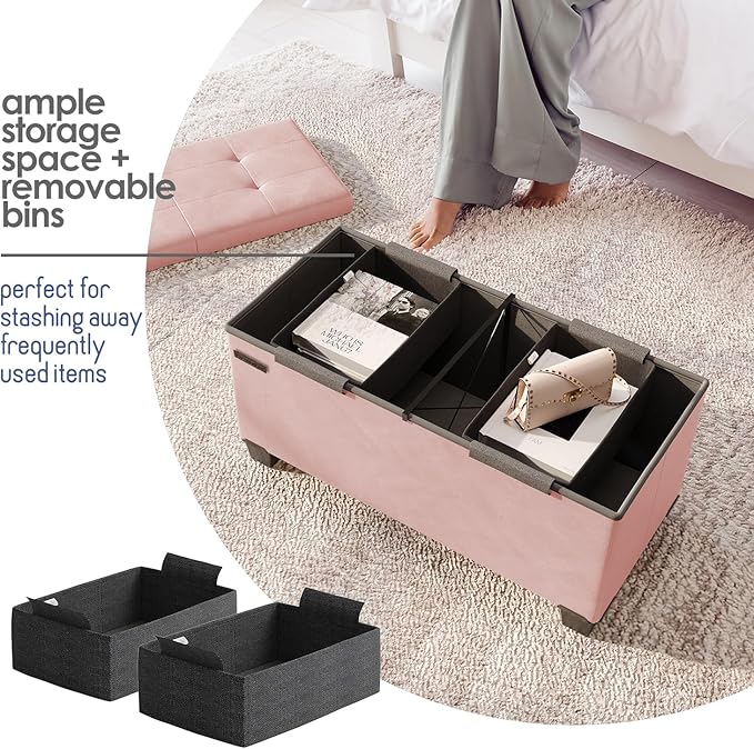 Storage Ottoman Bench with Bins, 30-in Storage Bench for Bedroom End of Bed, Folding Foot Rest Ottoman for Living Room Max 660lbs, Faux Leather Ottomans, Pink