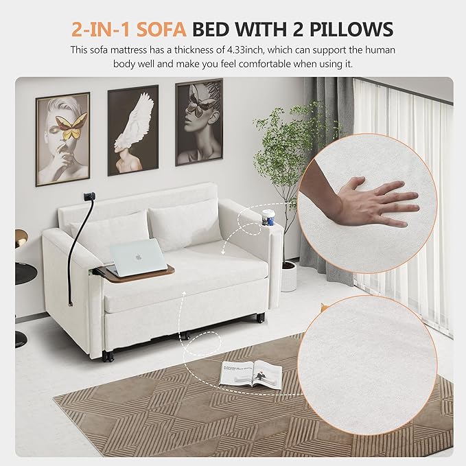 ORRD Pull Out Sofa Bed, 2-in-1 Multi-Functional Sleeper Couch Small Loveseat Bed with Hidden Side Table, Phone Holder and Cup Holder for Living Room, Small Space, Apartment (White)