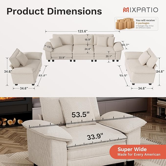 MIXPATIO Cloud Couch Sectional Sofa Set, Plush 24.4-Inch Deep 5-Seat Sectional with Velvety Chenille & Removable Arms for Living Room and Apartment, Beige