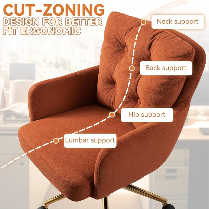 BALIAA Flannel Office Chair, Comfy Home Office Desk Chairs with Lumbar Support, Modern Velvet Desk Chair Gold Legs Small Swivel Task Chair for Home Office, Bedroom, Study (Orange, L)
