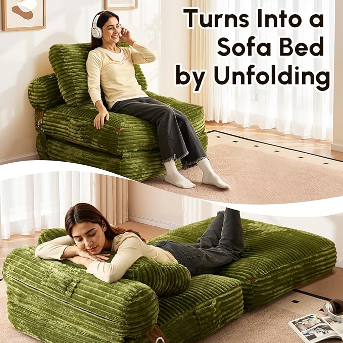 CAODOC Folding Sofa Bed Convertible Sleeper Chair with Pillow, Foldable Mattress Lounge Chair for Living Room Bedroom, Portable Guest Bed Green