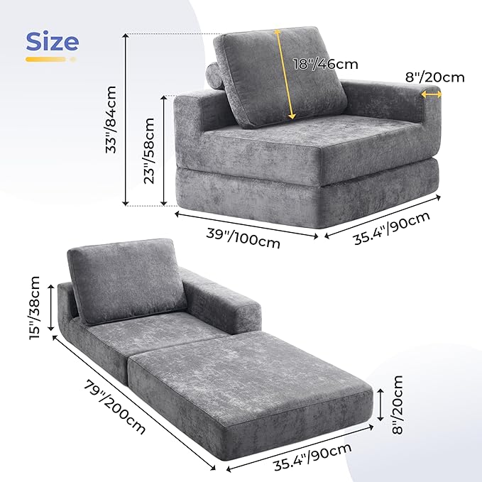 8" Thick Freestanding Folding Sofa Bed for Adults,Convertible L-Shaped Sleeper Chair with Left Armrest and Pillow, Lazy Couch for Living Room/Bedroom/Guest Use/Home Office/Apartment