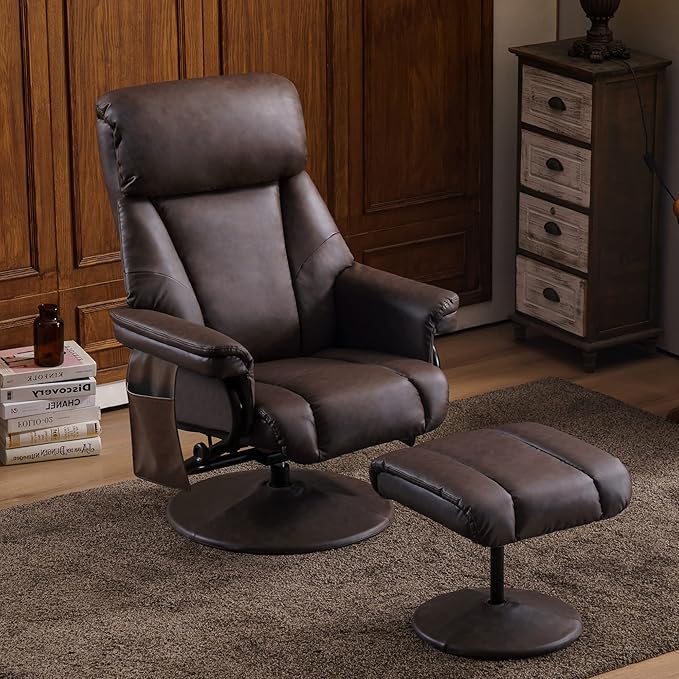 MCombo Swivel Recliner with Ottoman, TV Chair with Vibration Massage, Ideal for RV Small Space, Living Room & Bedroom 4539 4828 (Faux Leather, Dark Brown)