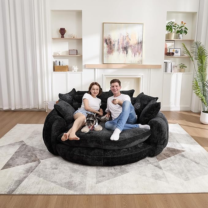 81" Oversized Bean Bag Chair Boneless Round Chaise Lounge Comfy Chenille Reading Chair Fluffy Plush Sofa Bed Large Deep Seat Circle Cloud Couch for Living Room, Bedroom, Apartment, Black