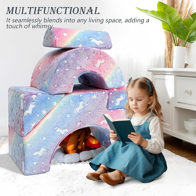 MeMoreCool Unicorn Modular Kids Sofa, Foam Couch Sofa with Slide & Stair Design, Convertible Glow Kids Couch for Playroom, Sectional Child Furniture for Bedroom Living Room, Unicorn Rainbow