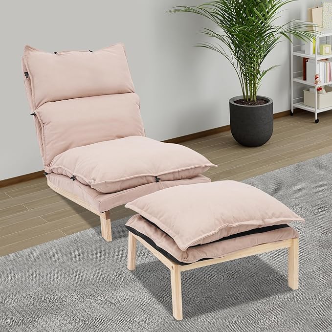 Single Lazy Leisure Chair, Adjustable Recliner Balcony Reclining Japanese Tatami Chair with Ottoman, Floor Seating Lounge Chair with Backrest and Footrest, Upholstered Chair for Living Bedroom (Beige)
