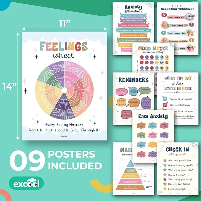 EXCOOL CLUB 9 Pcs Mental Health Posters For Classroom Decor - 11x14 Therapy Wall Decor Feeling Wheel Poster, Emotions Chart Inspirational Wall Art For Kids, School Counselor Office Must Haves