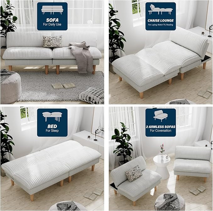 69" Futon Sofa Bed, 4 in 1 Multi-Function Couch Sleeper with Adjustable Backrest, Modern Convertible Futon, Recliner Small Loveseat for Living Room, Dorm, Plush Beige