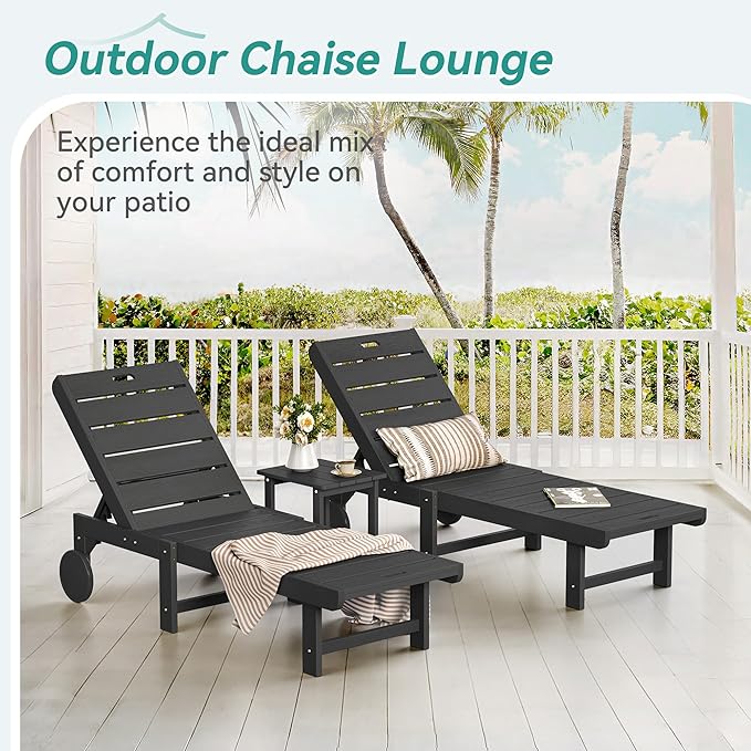 Outdoor Chaise Lounge Chairs with Table, 6-Piece, 26.8” Super Wide Lounge Chair Outdoor, HDPS Pool Chairs with 5 Positions, Patio Lounge Chair with Wheels for Pool,Lawn,Backyard, Black