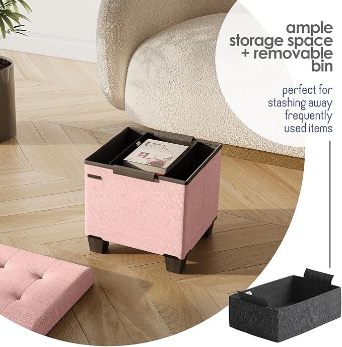 Storage Ottoman Cube with Small Bin, 16-in Square Ottoman with Storage for Living Room and Bedroom, Small Ottomans Foot Rest, Fabric Foot Stools Ottomans Max 330lbs, Pink