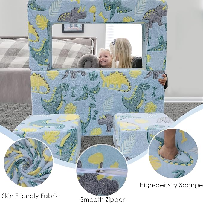 MeMoreCool Glow-in-The-Dark Dinosaur Kids Loveseat - Modular Toddler Play Couch That Folds Out, Convertible Foam Chair & Mini Sofa Bed with Washable Plush Cover, 2-Seat Playroom Furniture