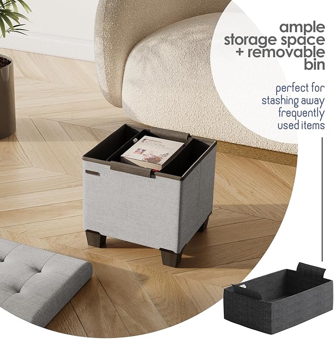 Storage Ottoman Cube with Small Bin, 16-in Square Ottoman with Storage for Living Room and Bedroom, Small Ottomans Foot Rest, Fabric Foot Stools Ottomans Max 330lbs, Light Grey
