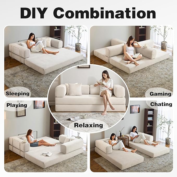 LIAROO 78.8" Convertible Sofa Bed -Compression Sofa with Corduroy Fabric - with Armrests and Backrest - Modular Sectional for Living Room, Bedroom, Studio - Compression Sofa in Box (Beige)