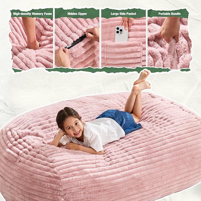 Hobestluk 4FT Bean Bag Chairs Adult Bean Bag with Portable Handle Comfy Large Bean Bag Chair with Removable Cover for Living Room Bedroom or Reading Nook (Stripe Pink, 4FT)