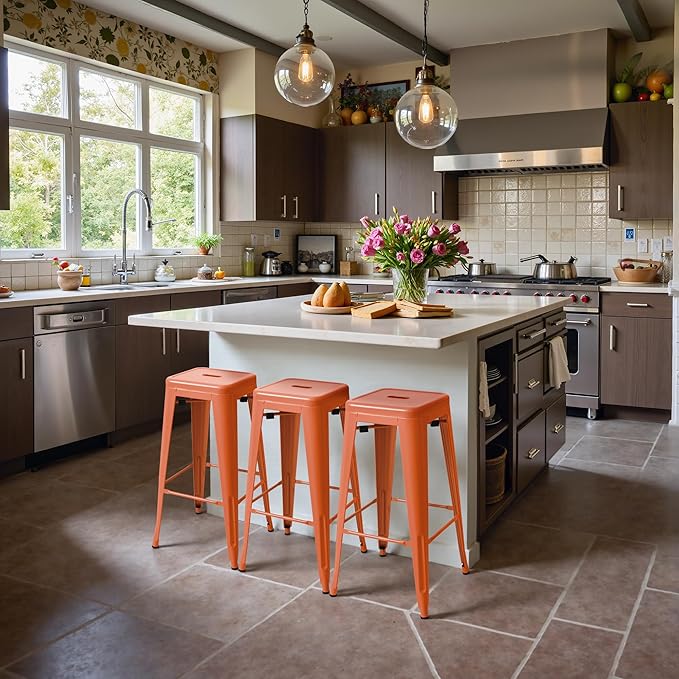 Furmax 30 Inch Metal Bar Stools Set of 4, Counter Height Backless Stools, Industrial Bar Chairs Patio Stool Stackable Backless Stool for Kitchen/Dining Room/Bistro/Patio Indoor Outdoor (Orange)