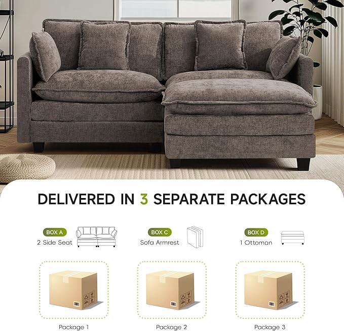 UMBFUN Cloud Couch Loveseat with Ottoman, Oversized Comfy Modular Sectional L Shaped Sofa with Deep Seat Cushions, Chenille 2-Seater Lounge Set for Living Room, Brown