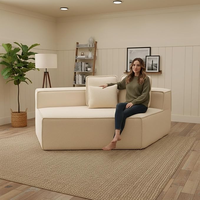 EPOFIT 1-Seater Teddy Fleece Modular Sofa Chair, Low-Profile Floor Seat with Wide Cushion and All-Foam Support, Right-Facing Design, Compressed Packaging – Beige