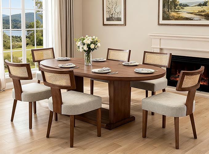 RIVOVA Upholstered Dining Chairs Set of 6 with Rattan Back, Modern Wooden Kitchen Chairs PU Leather Side Dining Room Chair Farmhouse Dinner Chair, Grey