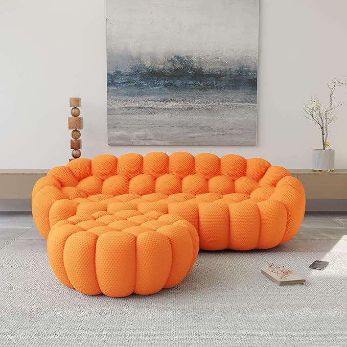 JACH Bubble Sofa with Ottoman, Curved Couch, Comfy Upholstered Sofa, Mesh Fabric 3D Honeycomb Shape Modern Couch for Living Room, Office, Apartment, Small Space (Orange)
