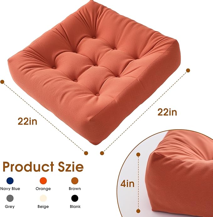 Tikuns 2Pcs Floor Pillows for Adults, 22x22 Inch Meditation Cushions, Large Square Sitting Cushion Living Room Memory Foam Pillow for Sitting (1, Orange, 22x22x4 Inch)