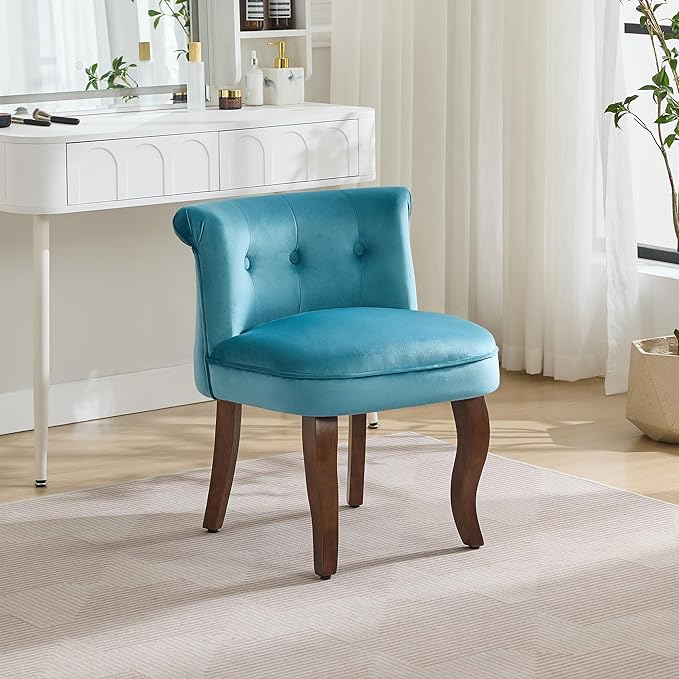 WUTUTUEE Velvet Vanity Chair with Back, Tufted Upholstered Vanity Stool with Solid Wood Legs, Mid Century Small Makeup Chair for Vanity, Accent Chair for Bedroom, Living Room, Teal