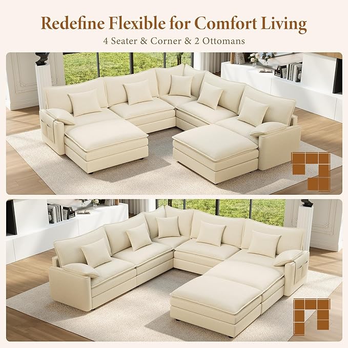 Vesgantti 101" V-Shaped Corner Couch Sectional, 7 Seat Customizable Modular Cloud Couches with Movable Ottoman, Chenille Deep Seat Sofa Set with Chaise for Living Room, Bedroom and Apartment, Beige