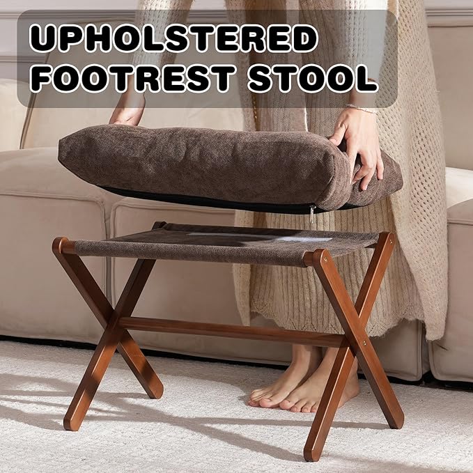 Folding Foot Stool, Small Accent Ottoman with Thick Cotton Cushion & Bamboo X Legs, Modern Padded Sofa Stool for Makeup Bedroom Living Room (Brown)