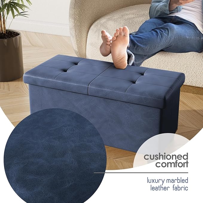 Storage Ottoman Bench with Bins, 30-in Storage Bench for Bedroom End of Bed, Folding Foot Rest Ottoman for Living Room Max 660lbs, Faux Leather Ottomans, Blue