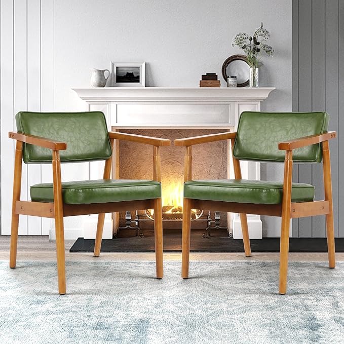 LSSPAID Mid Century Dining Chairs Set of 2, Pu Upholstered Armchair with Comfy Backrest and Wooden Handrail，Modern Kitchen Chairs for Bedroom Living Room Dining Room, Green