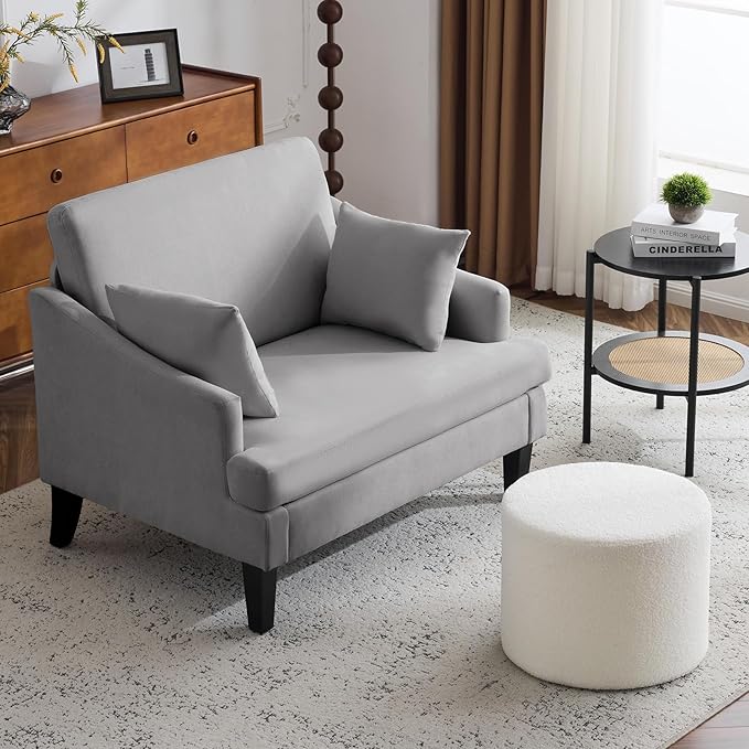 Bezseller Oversized Accent Chair with Ottoman - 33.5'' Wide Seat Comfy Armchair with 2 Pillows, Upholstered Big Reading Chair, Modern Single Sofa Chair for Living Room Bedroom Office, Grey/Beige