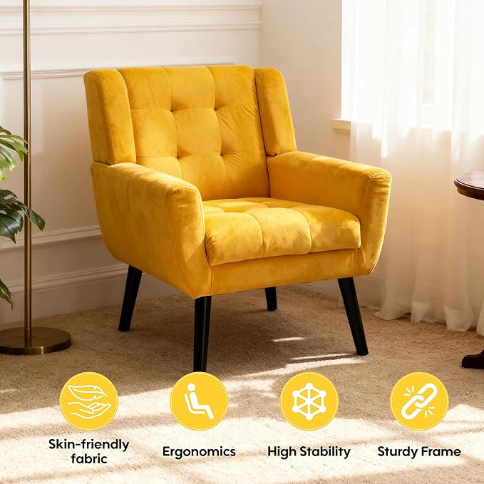 OO BY ORANGE ONLINE Velvet Accent Chair, Mid-Century Modern Tufted Armchair for Living Room, Bedroom & Office (Yellow)
