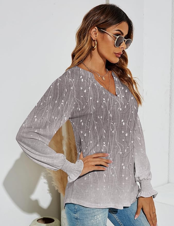 Romanstii Women's Casual V-Neck T-Shirts Loose Puff Long Sleeve Tops Tunic Blouses
