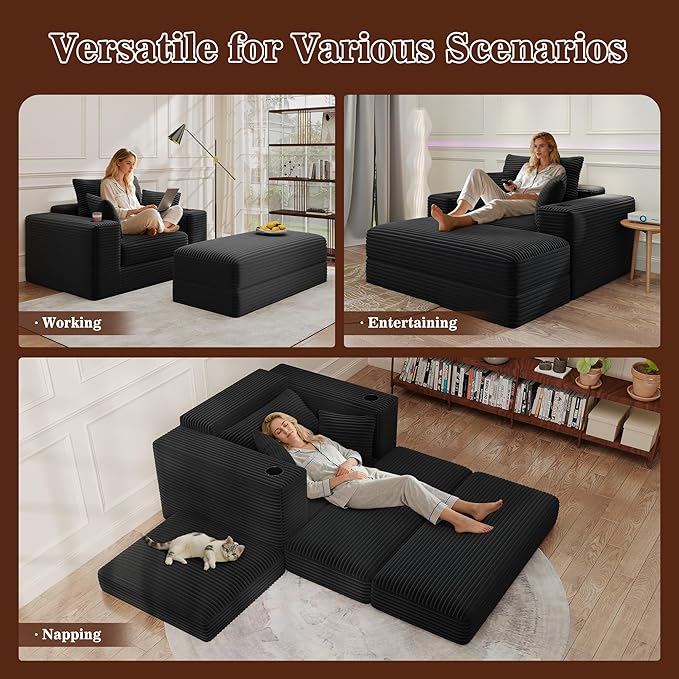 Gericco 52" Boneless Chaise Lounge Chair Indoor — Oversized Cloud-Like Cozy Comfy Modular 3-in-1 Sofa Bed for Reading, Living Room & Bedroom Corduroy Couch Sleeper, Black
