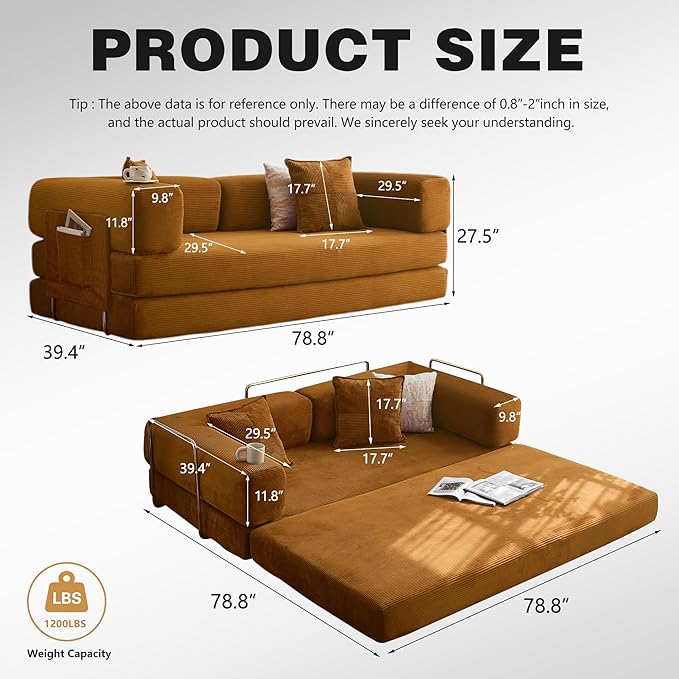 LIAROO 78.8" Convertible Sofa Bed - Compression Sofa with Corduroy Fabric - with Armrests and Backrest - Modular Sectional for Living Room, Bedroom, Studio - Compression Sofa in Box (Yellow)