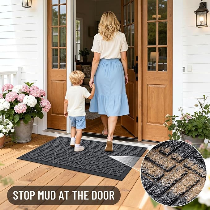 OLANLY Front Door Mat Outside Entrance 59x23, Absorbent, Heavy Duty Sturdy Natural Rubber Doormat Indoor Outdoor, Non-Slip, Stain and Fade Resistant, Low Profile Floor Mat for Entryway, Black Gray