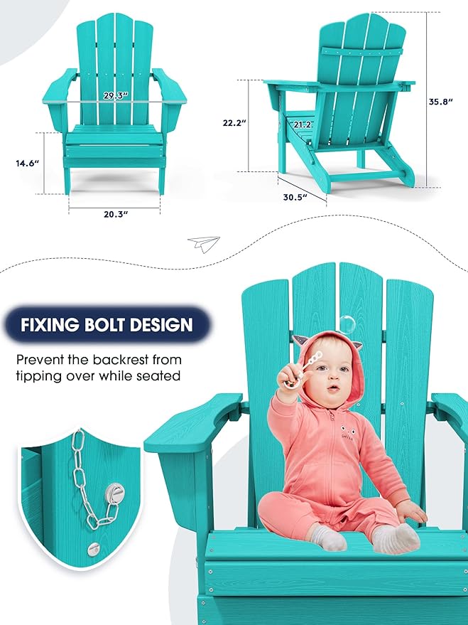 KINGYES Folding Adirondack Chair Set of 8, HDPE All-Weather Folding Adirondack Chair, Aruba