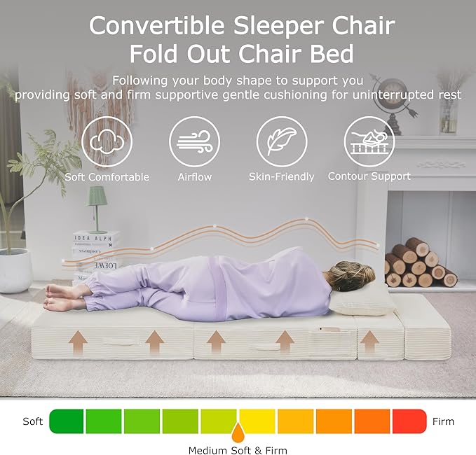 HILERO Folding Sofa Bed, 4 in 1 Convertible Sleeper Chair with Pillow, Single Memory Foam Fold Out Chair Bed, Modern Floor Futon Sofa Couch Mattress for Living Room/Guest/Apartment,Beige