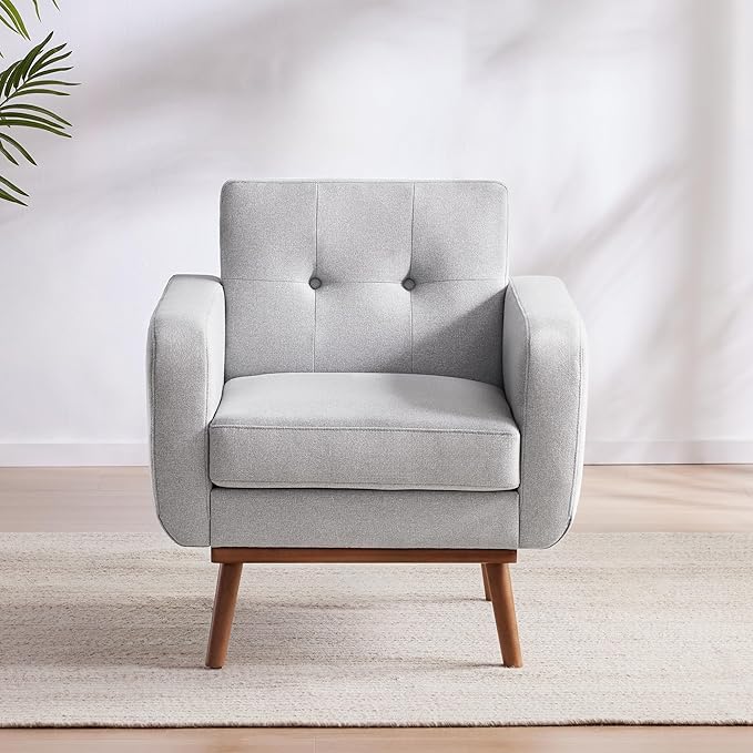 HUIMO Fabric Accent Chair, Mid Century Modern Arm Chair Button Tufted Living Room Chairs Easy to Install, Upholstered Comfy Sofa Chair for Bedroom Study Office Reading Corner (Light Grey)