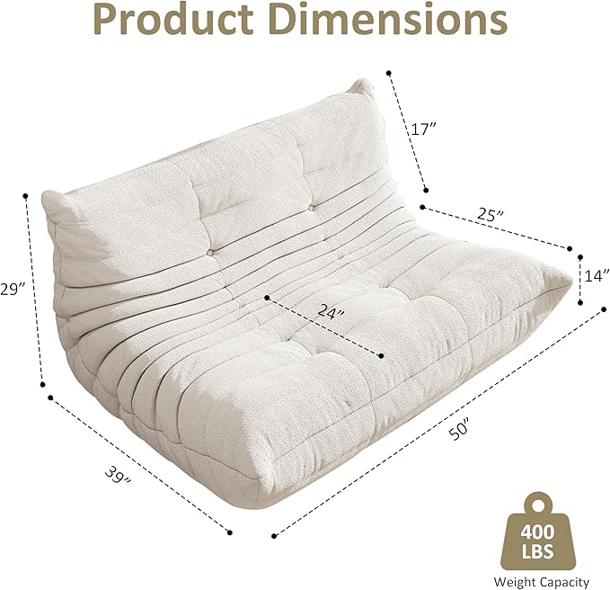 Bean Bag Chair, Oversized Loveseat Fireside Chair for Adults, 2 Seater with Memory Foam Filled, Lazy Sofa Lounge Floor Sofa for Living Room, Bedroom, Office, No Assembly Required. (Beige)