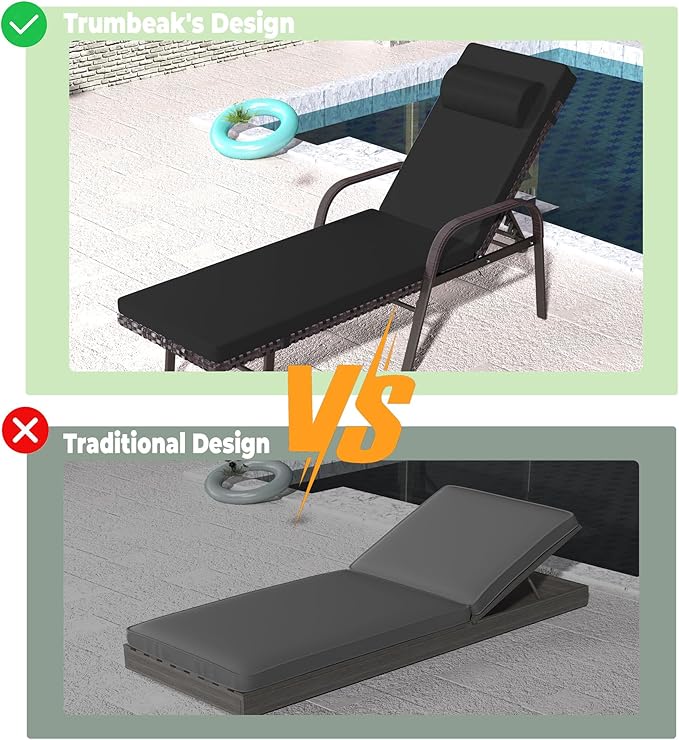 Trumbeak Patio Chaise Lounge Set 3 Pieces Pool Lounge Chairs,Cushioned Outdoor Folding Lounge Chair w/Arm and Rattan Adjustable Backrest for Poolside Porch,Folding Table Included,Black