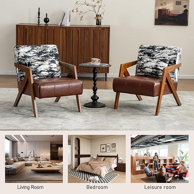 Mid-Century Modern Accent Chair with Solid Wood Frame，Upholstered Leather Living Room Arm Chairs with Pillow for Bedroom, Living Room, Balcony， Reading Room, Brown