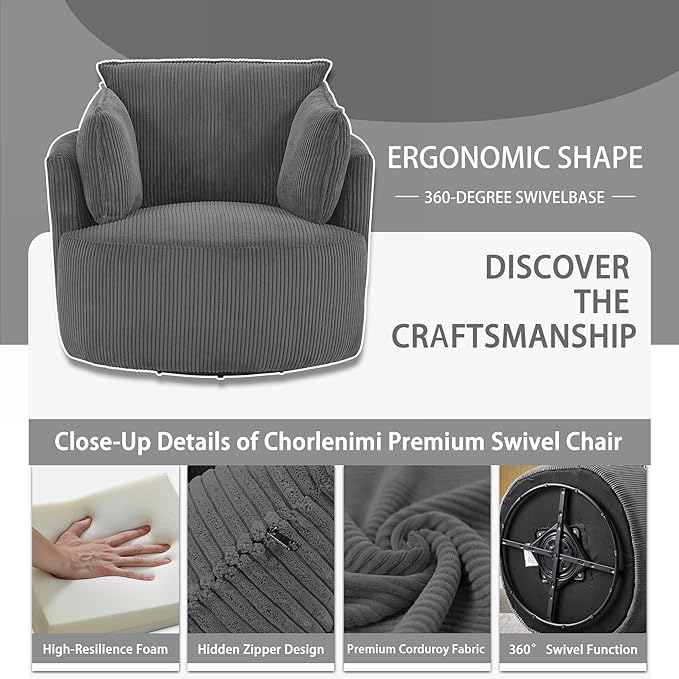 Chorlenimi Swivel Accent Chair Round Barrel Armchair Upholstered Living Room Chair Corduroy Reading Chair Single Sofa Chair for Bedroom Apartment Office (Grey, Standard 1Seater)