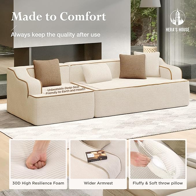 HERA'S HOUSE 105" Cloud Sectional Couch, Modular Upholstered Sofa with Wide Armrest, Corduroy Boneless Couches with 4 Throw Pillows for Living Room, No Assembly Required, Beige