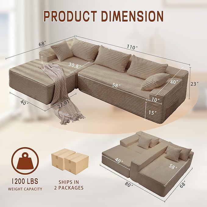 Korser 110" Sectional Couches for Living Room, Modular Sectional Sofa with L-Shape Chaise, Cloud Couch, Comfy Corduroy Fluffy Couch with Deep Seat and Side Pockets