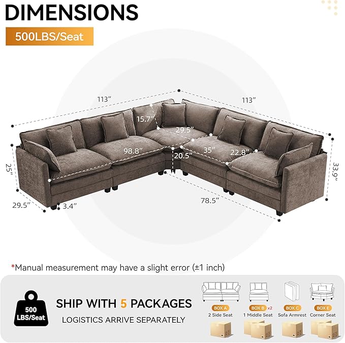 113'' V Shaped Cloud Sectional Sofa, Oversized Deep Seat Couches for Living Room, Chenille Comfy Upholstered Modular Sectional Sofa Couch, Brown